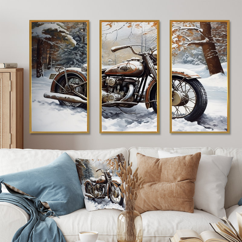 War Rustic War Bike In Winter - ensemble d'art mural moto, Cadre flottant doré, H 32 po x l 48 po x P 1 po
