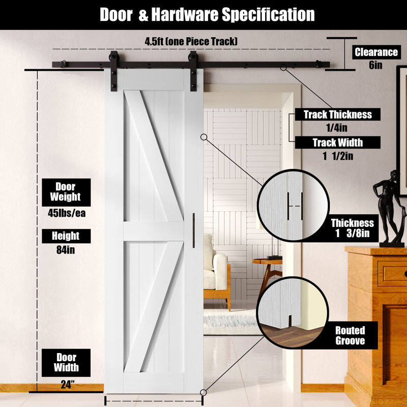Porte de grange en forme de K avec porte simple non-dérivation Homacer, 54 po x 84 po