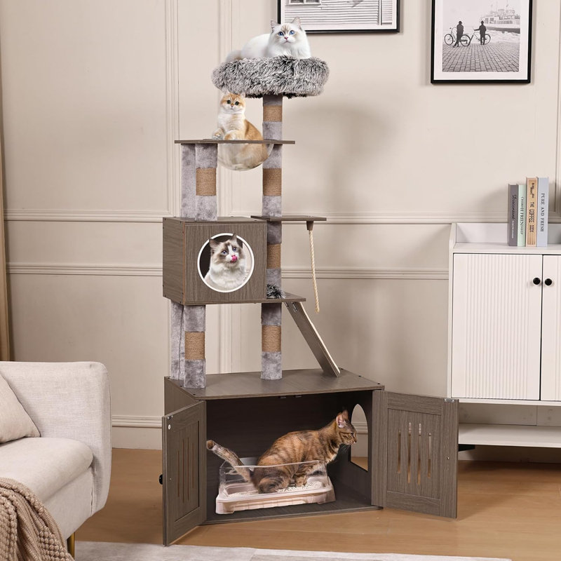 Jaelin Claresa Cat Tree with Litter Box Enclosure, Hidden Washroom Litter Box Tree with Sisal Scratching Post and Soft Plush Perch, Wooden Cat Furniture with Multiple Platforms