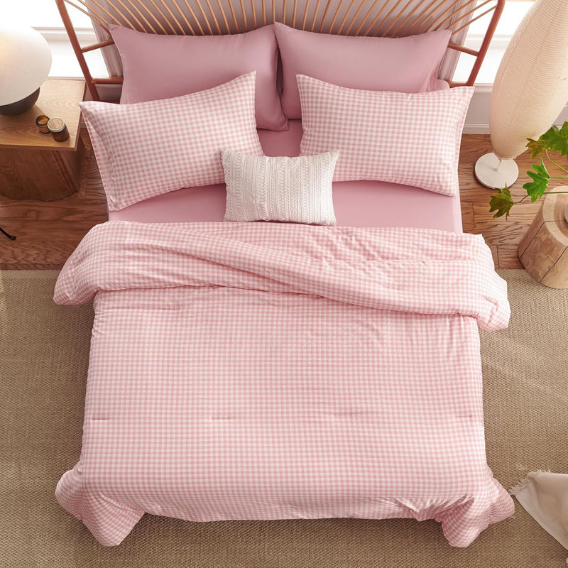 Ensemble d'édredon Gingham Ensemble d'édredon écossais de style moderne 100% microfibre lavée Boho, Rose