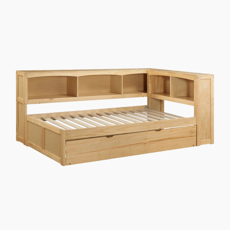 Lit plateforme simple en bois avec lit gigogne Sabio, Beige, Bois massif