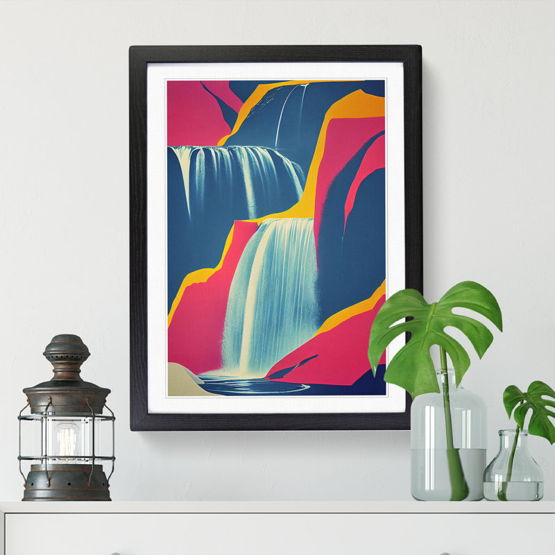 Colourful Waterfall - Single Picture Frame Print, 64cm H x 46cm W, Beige Framed