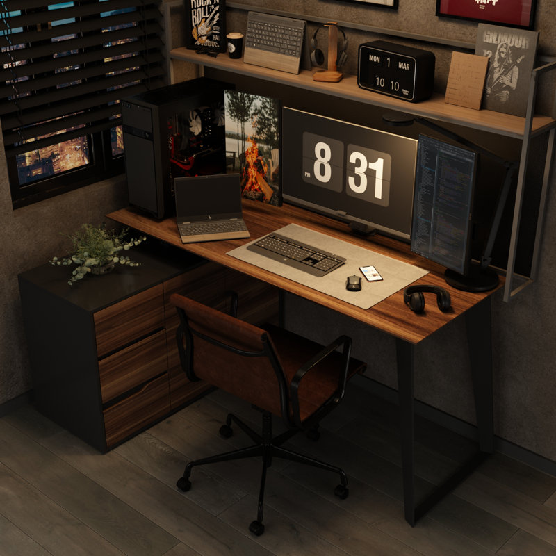 54.3 '' W L-Shaped Computer Desk With 40 '' W Little Bookcase, Black