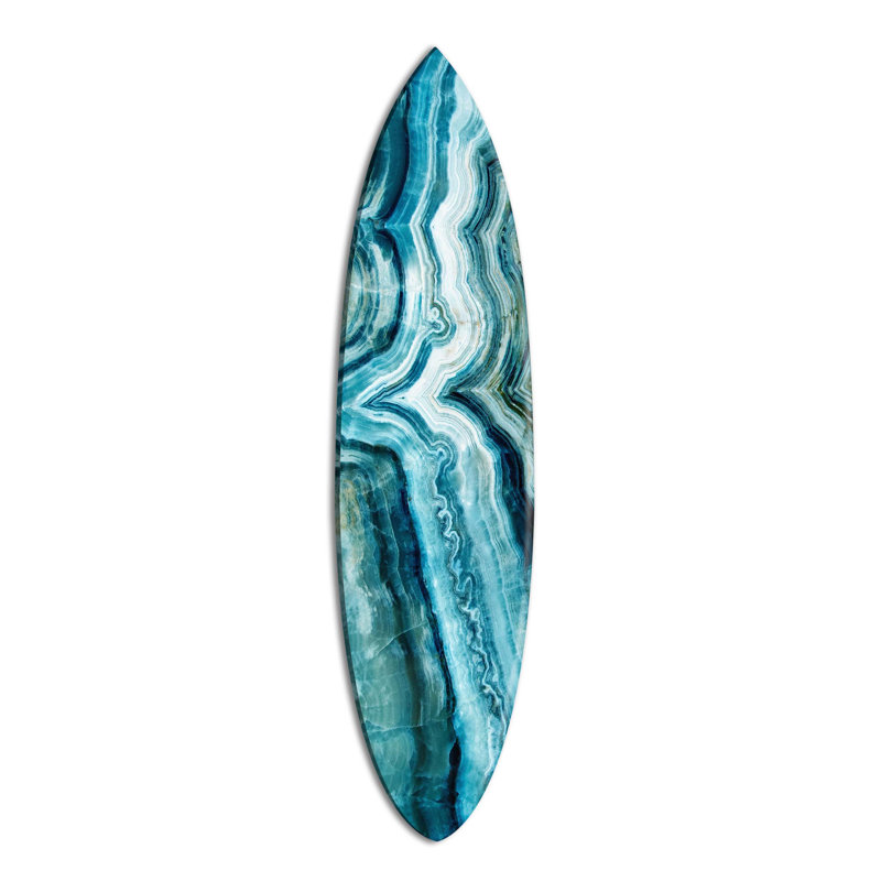 Decorative Surfboard Wall Art Print on Acrylic, Blue Geo Waves Abstract Surfboard