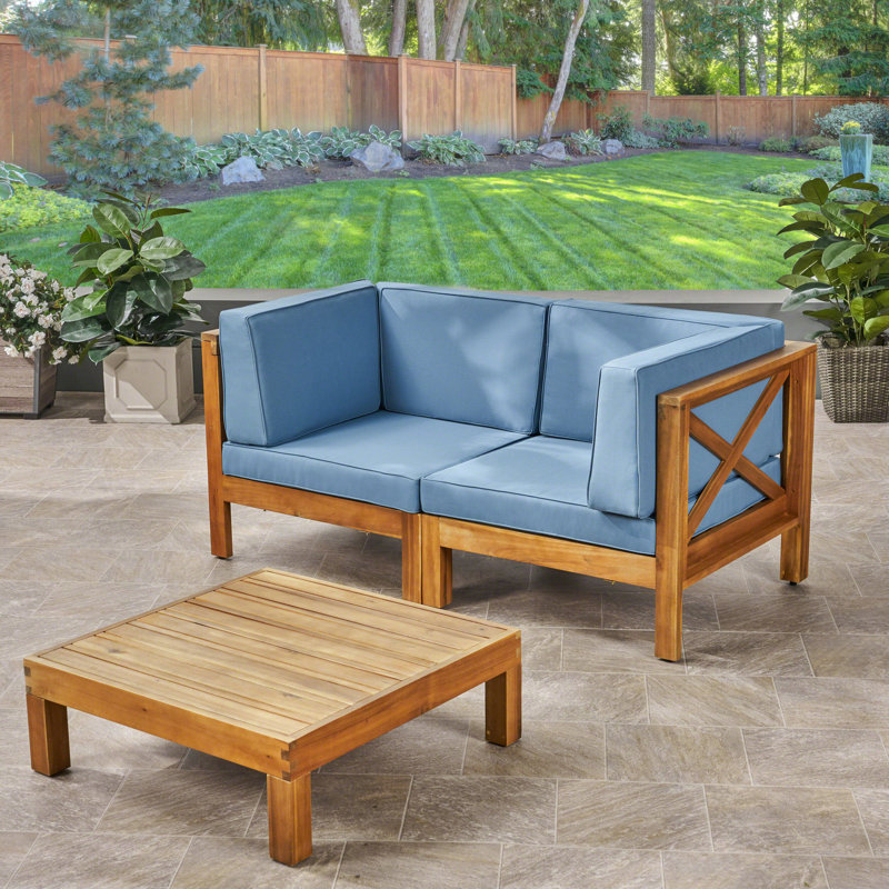 Acacia 2 - Person Patio Conversation Set with Cushions, Teak Frame / Blue Cushion