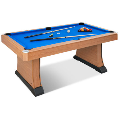 RayChee 6' Pool Table with Wood Finish, Modern Billiard Table with 2 Cues, Balls, Rack, Brush, Chalk, Leg Levelers