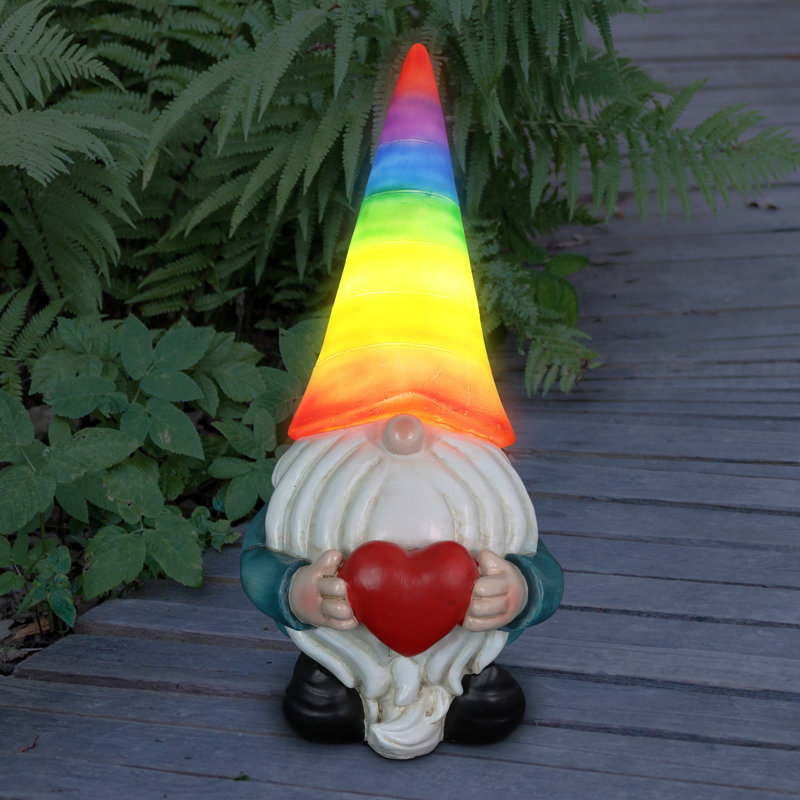 Solar Rainbow Hat Garden Gnome with Heart, 6 x 12.5 Inches