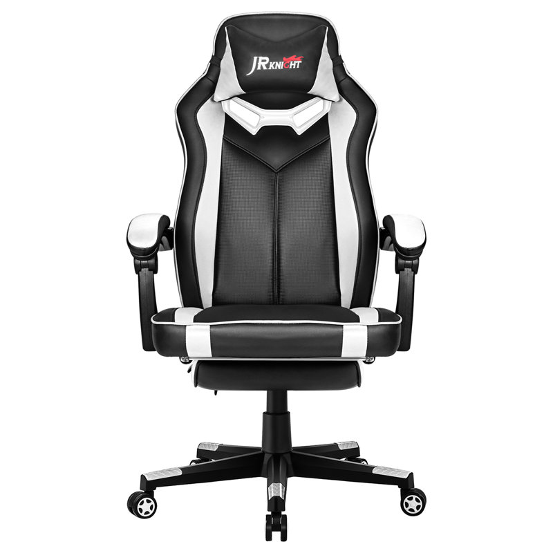 JR Knight Adjustable Reclining Ergonomic Faux Leather Swiveling PC & Racing Game Chair with Footrest, Black/White
