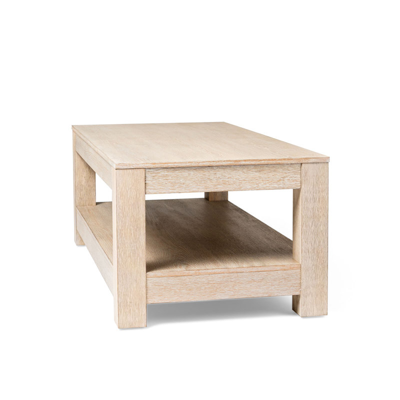 Weathered White Rectangular Wooden Coffee Table with Storage Shelf