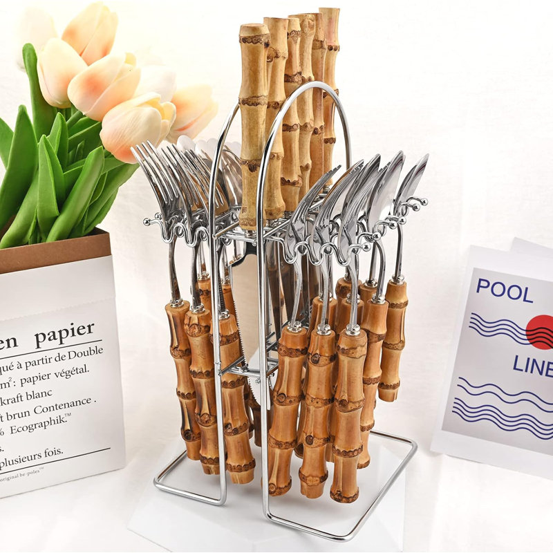 Ensemble de couverts 24 pièces à poignées en bambou, couverts en acier inoxydable avec miroir et support de rangement, service pour 6