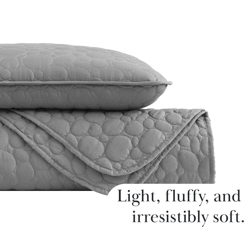 Pebble Quilted Lightweight Prewash Microfiber Quilt Set, Queen Quilt + 2 Standard Shams, Gray