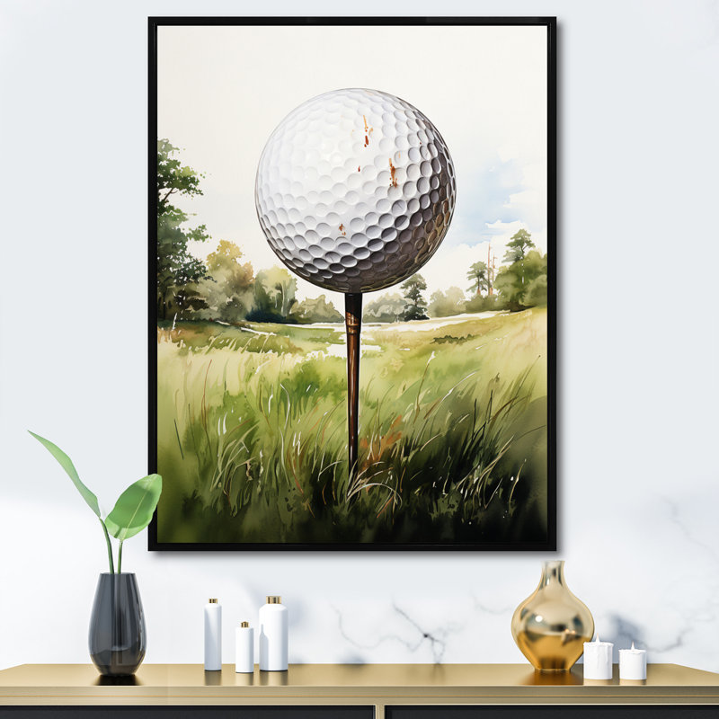 Minimalisme, balle de golf I - art mural de golf pour le salon, Cadre flottant noir, H 20 po x l 12 po x P 1 po