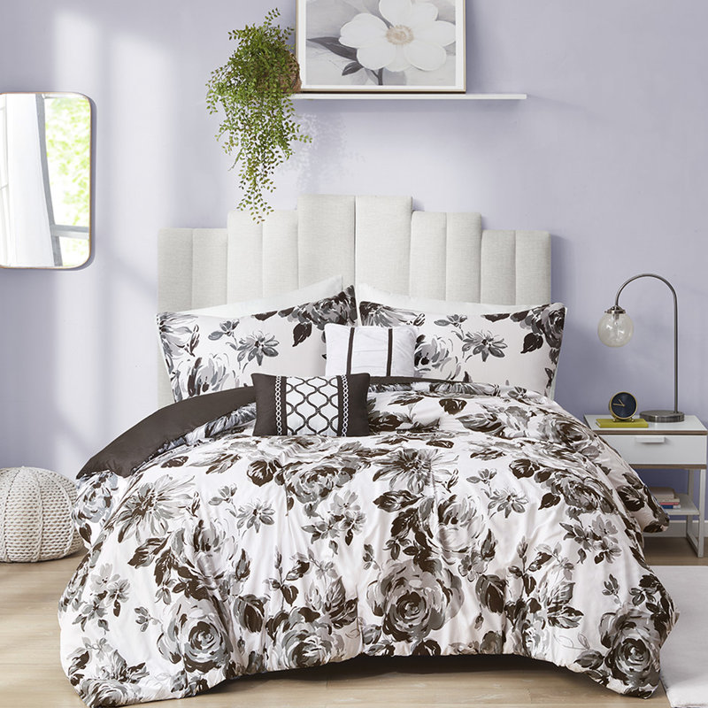 Édredon simple / simple TG à imprimé floral noir et blanc, 1 taie décorative, coussins décoratifs, rembourrage, grand édredon facile à nettoyer, microfibre, 2 taies décoratives assorties, lavable en machine carrée