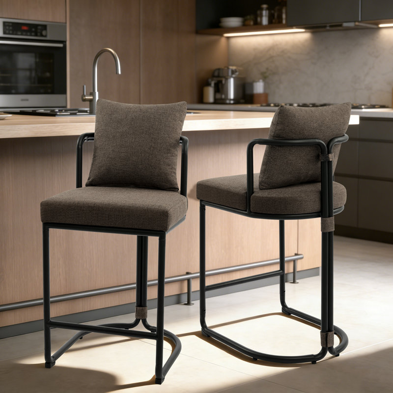 26'' Boucle Counter Stools With Backrest & Metal Frame, Modern Upholstered Bar Chairs For Kitchen Island, Brown