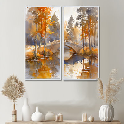 «Yellow Beige Elegant Autumn Park Bridges II», art mural 2 pièces