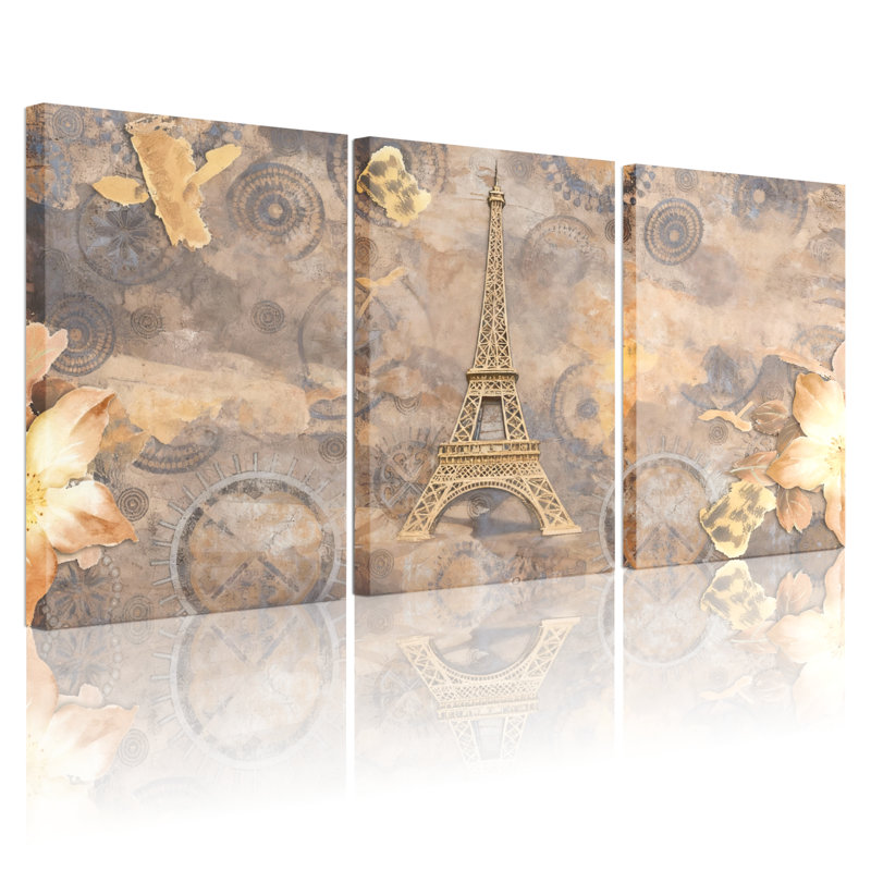 «Fashion Eiffel Tower Floral Clocks», ensemble de 3 impressions sur toile, H 24 po x l 48 po