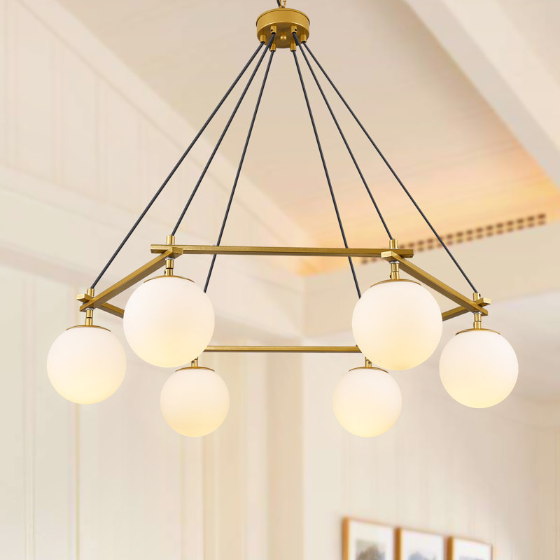 Nedek 6-Light Modern Round Pendant Glass Chandelier With Geometric Frame, Chrome