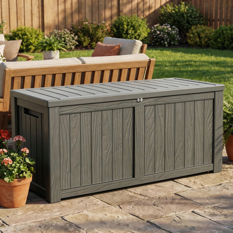 Boîte de rangement en résine 120 gallons - Rangement extérieur verrouillable et imperméable, Gris