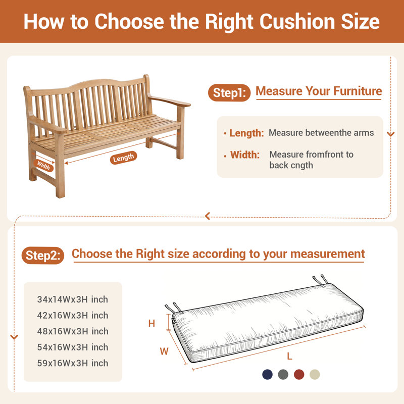 Outdoor Bench Cushion, Rainproof Patio Furniture Cushions for Porch Swing with Ties, 42"×16", red
