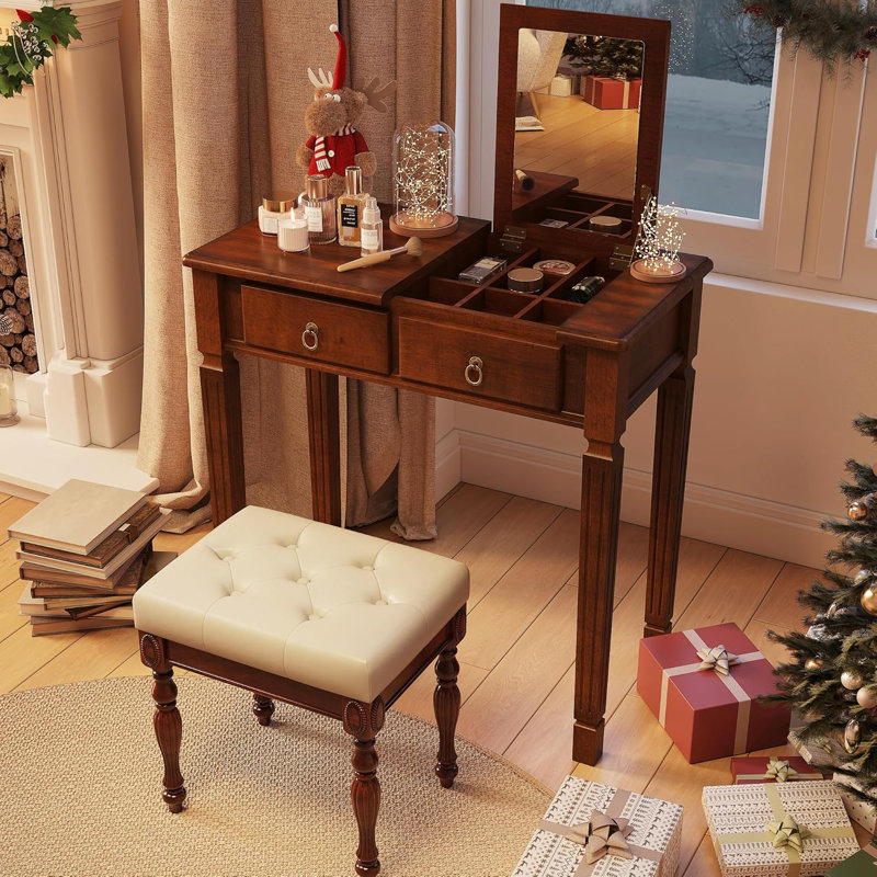 Solid Wood Makeup Vanity Table Set, Brown/Beige