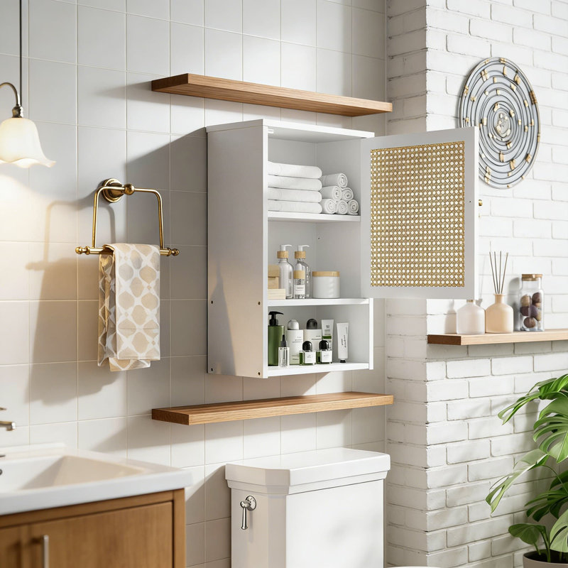 Bamboo Wall Cabinet With Rattan Doors, Adjustable Shelf Over The Toilet Storage Organizer, Space Saving Bathroom Medicine Cabinet For Laundry Room, Kitchen, And Living Room
