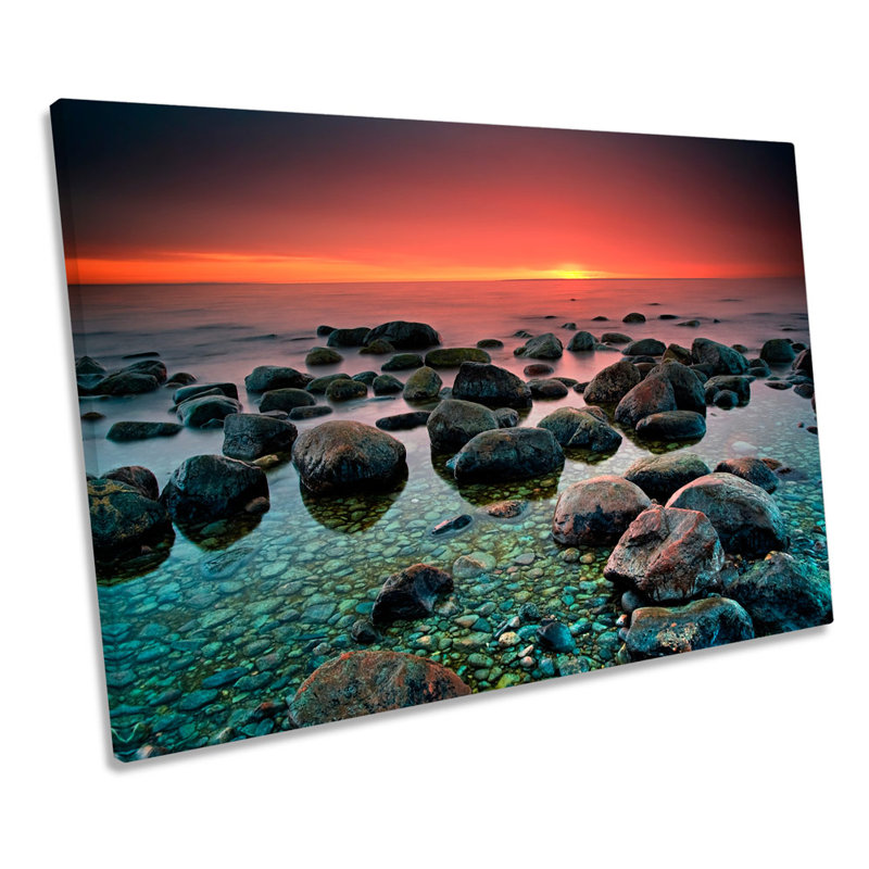 Rocky Seascape Sunset Scene - Wrapped Canvas Print, 30.5cm H x 45.7cm W