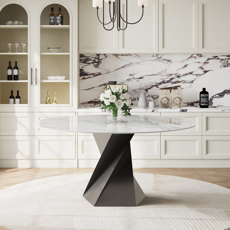 59" Modern Round Dining Table for 6,White Glossy Sintered Stone Table top, Black Carbon Steel Base