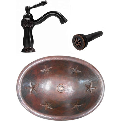 19" Oval Copper Bathroom Sink With Stars, 9" Faucet & Drain Inlcuded