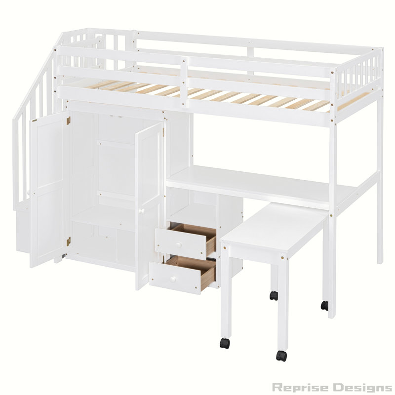 Bureau et garde-robe - Lit mezzanine multifonctionnel peu encombrant, Lit simple, Blanc