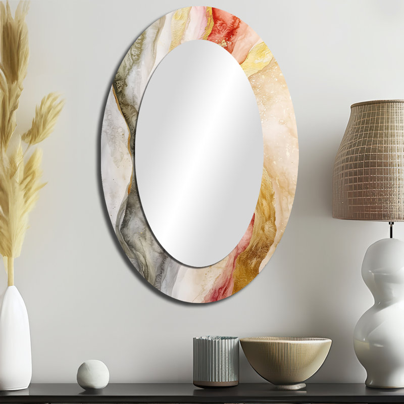 Celestial Pink Balance Of Sinai Pearl Marble II - Gold Modern Oval Wall Mirror, 36" x 24"