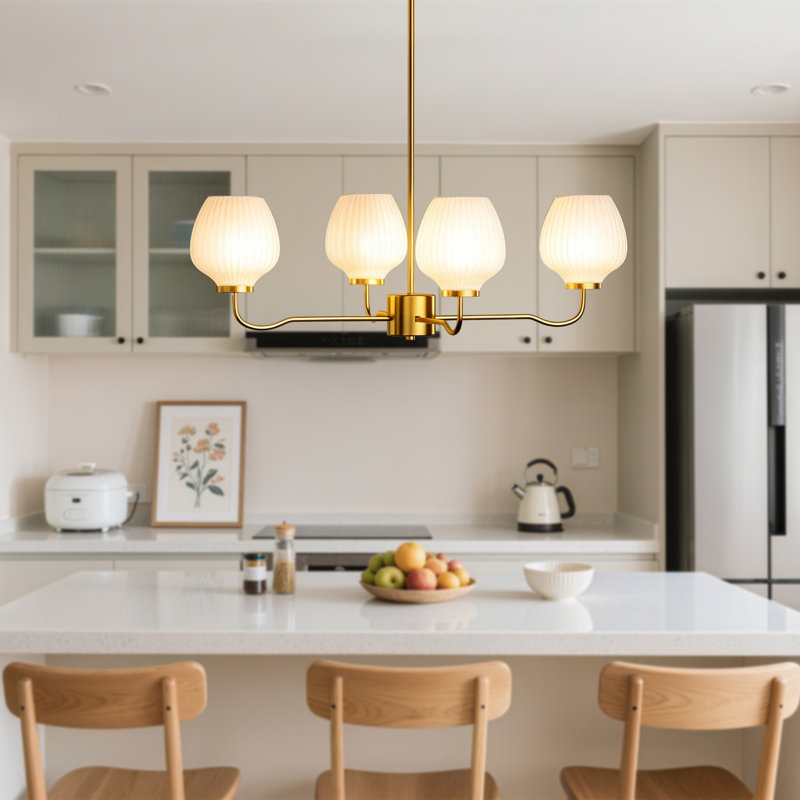 Lustre moderne en laiton poli 4 lumières l 30 "avec vase en verre givré pour salle à manger ou îlot de cuisine, Laiton poli