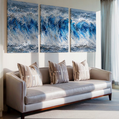 3 Pieces Exculisive Cobalt Blue Ocean Wave Impasto Panoramic Wall Art, Modern Canvas Decor for Living Room, Bedroom, Office and Home, Ready to Hang