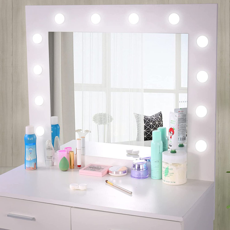 31.5'' White Lighted Makeup Vanity Set with Stool and Mirror
