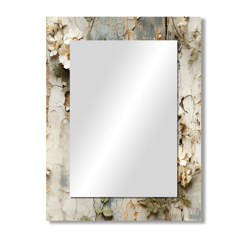 Alinna rétro beige floral Countryhome charme - miroir mural floral unique, miroir de chalet, art en métal imprimé