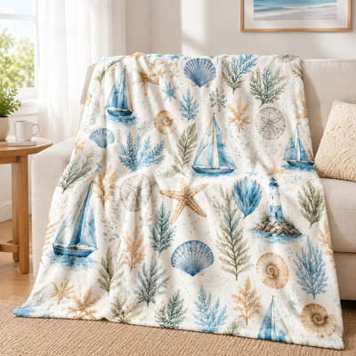 1Pcs Nautical Themed Throw Blanket – Featuring Sailboats, Seashells, Starfish, and Lighthouses;Watercolor Marine ArtLightweight Cozy for Sofa or BedPerfect Beach House Decor Coastal LivingGreat Gift Ocean Lovers. Bedding so