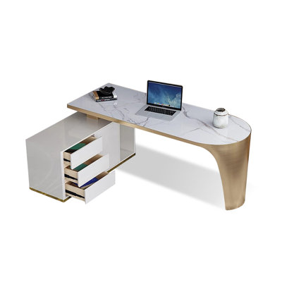 Bureau de direction blanc en L en pierre frittée avec tiroirs