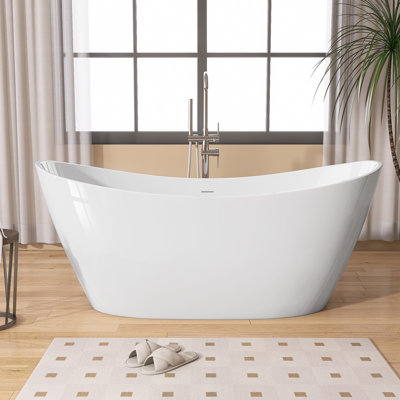 GETPRO 68 In. Acrylic Glossy White Free Standing Soaking Bathtub In Flat Bottom With Centre Drain Stand Alone Tub