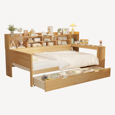 Wooden Daybed Multi-functional Bed with Shelves, Two Storage Drawers and Study Desk