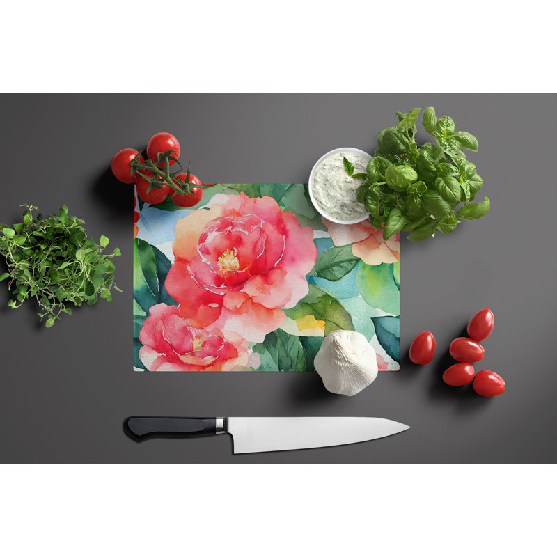 Alabama Camellia in Watercolor Glass Cutting Board Large