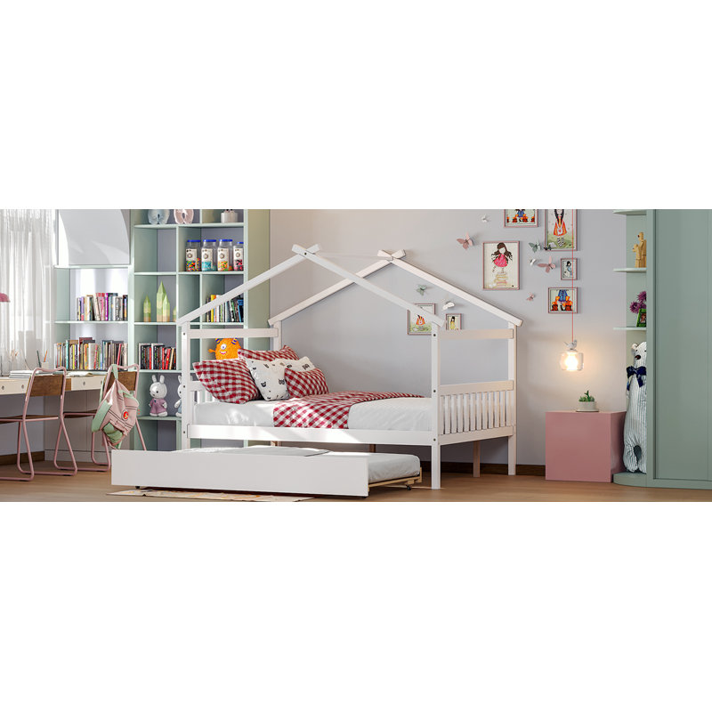 Annais Wooden House Bed with Trundle, Full, White