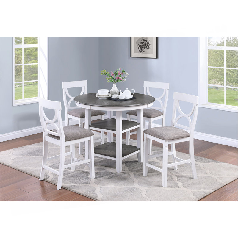 Table de salle à manger à hauteur de comptoir avec étagères de rangement pour 4 chaises rembourrées, ensemble de salle à manger 5 pièces