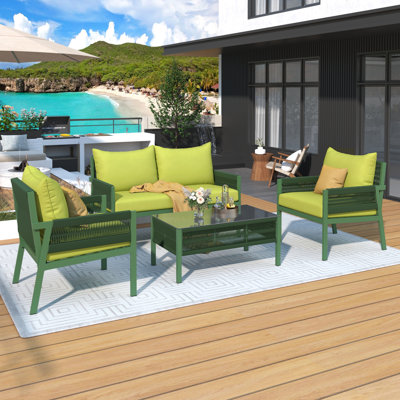 Ensemble de 4 pièces de mobilier de patio en corde, mobilier d'extérieur avec table, ensemble de conversation de patio avec coussin épais pour le balcon de la cour arrière