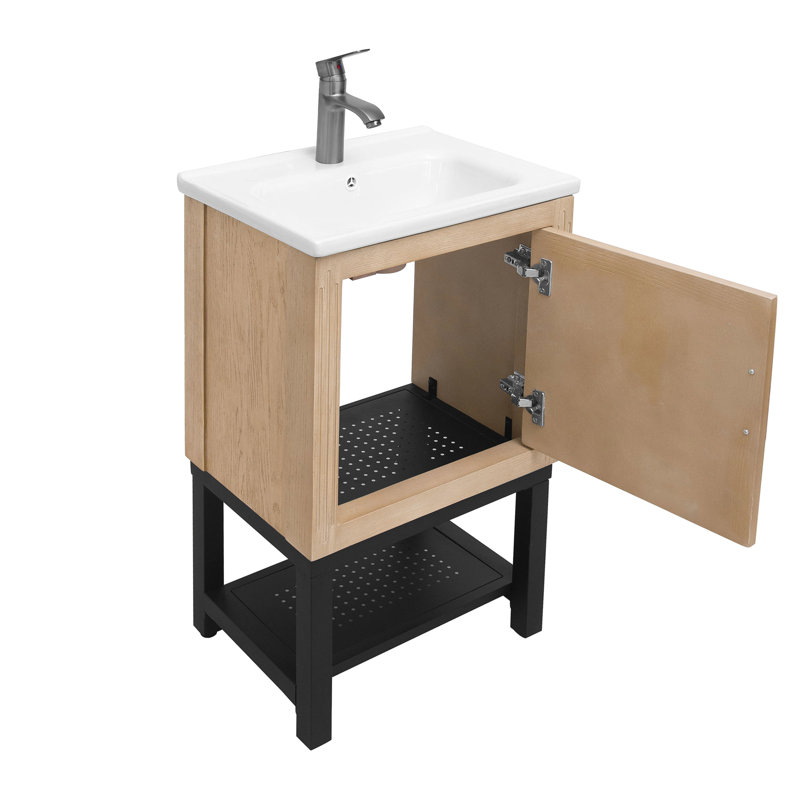 Armoire de salle de bain autoportante de 20 po avec lavabo en céramique blanche, robinet à surface lisse, 1 porte, tablette ouverte et cadre oxydé pour un petit lavabo sans couture polyvalent, aluminium mat de haute qualité