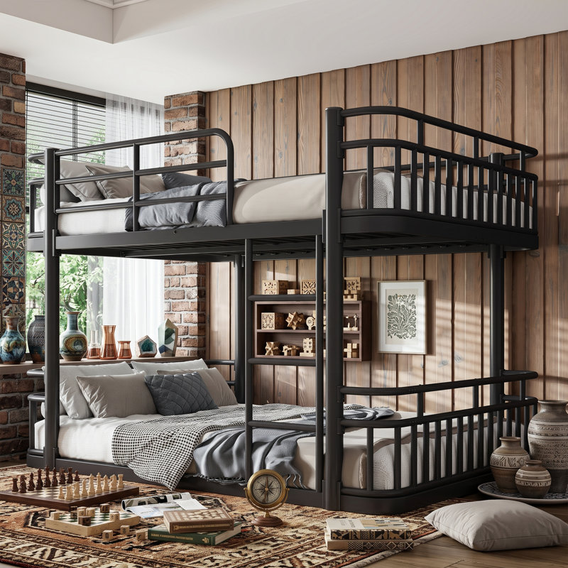 Cadre de lit superposé rond en métal moderne avec rails de sécurité et échelle, lit superposé en acier compact pour chambre à coucher et dortoir