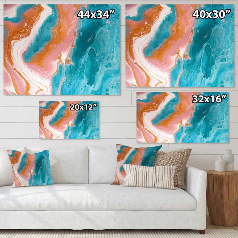 Turquoise et vagues de marbre rose II - peinture sur toile, H 24 po x l 32 po x P 1 po, Toile tendue