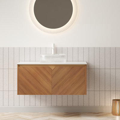 Meuble-lavabo de salle de bain, meuble de rangement flottant en contreplaqué, portes doubles en sergé avec garniture en métal, vasque ronde en verre et plateau en pierre frittée