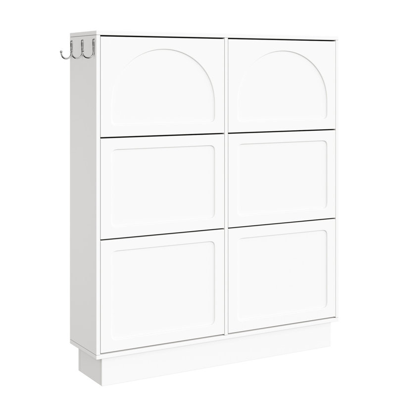 Armoire à chaussures moderne et élégante blanche avec 6 tiroirs rabattables à double couche, rangement réglable, 3 crochets, conception étroite, esthétique crème,, dispositifs de basculement, seau basculant à circulation d'air, peu encombrant, plancher