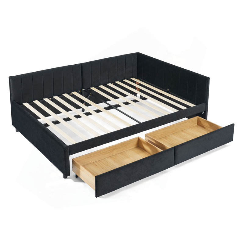 Upholstered Tufted Bed Frame With Two Drawers, Sofa Bed Frame With Comfortable Backrest And Armrests, Black