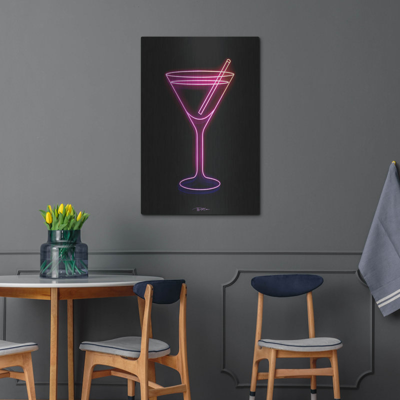 Art mural en métal Ebern Designs «Neon Martini Glass 1» par Momart, H 36 po x l 24 po