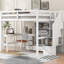 Lit mezzanine blanc double avec bureau en L, tiroirs pratiques, armoire et escalier de rangement avec ornement polyvalent à thème-829670089
